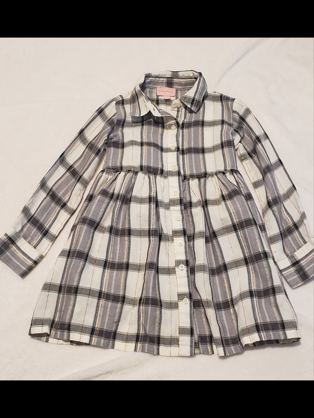 Plaid Button-Front Girls Dress Shirt in White, Gray and Black